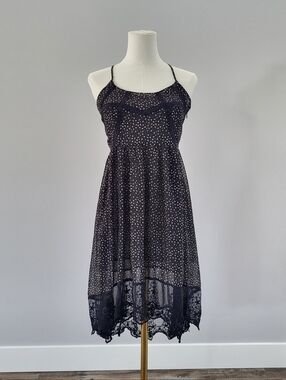 Black Floral Chiffon Midi Dress Sheer Hi Low Lace Hem Strappy M Tie Straps